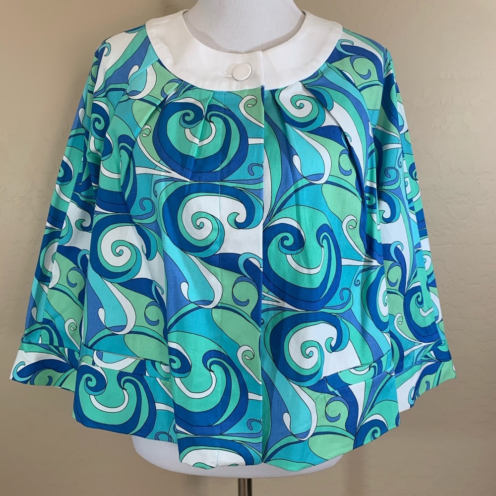 Perfect by Carson Kressley Jacket Large White Blue Poncho Button